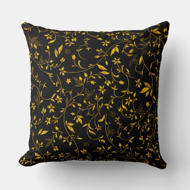Gold Damasks On Black Throw Pillow (Front)