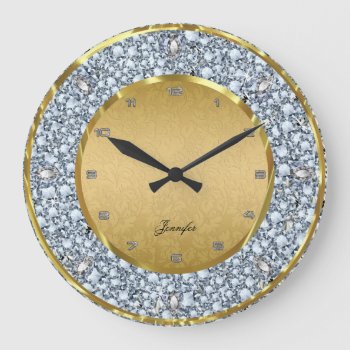 Gold Damasks & Sparkling Diamonds Large Clock by gogaonzazzle at Zazzle