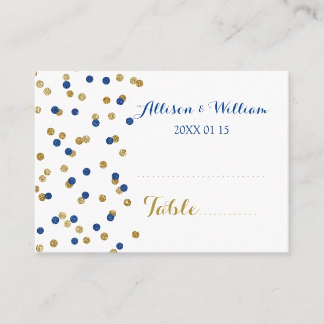 Gold Dark Blue Confetti Table Place Setting Cards (Front)