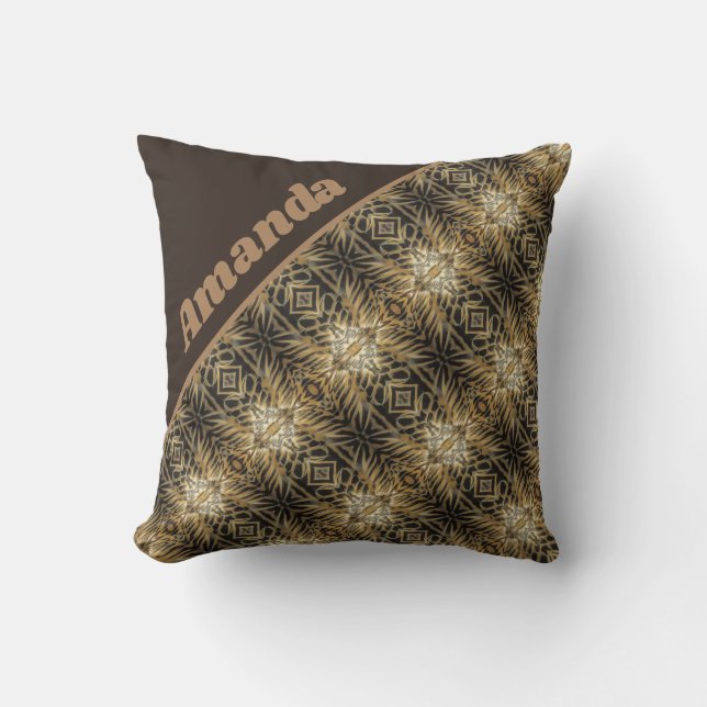 Gold Dark Brown Abstract Diagonal Stripes Pattern Throw Pillow (Front)