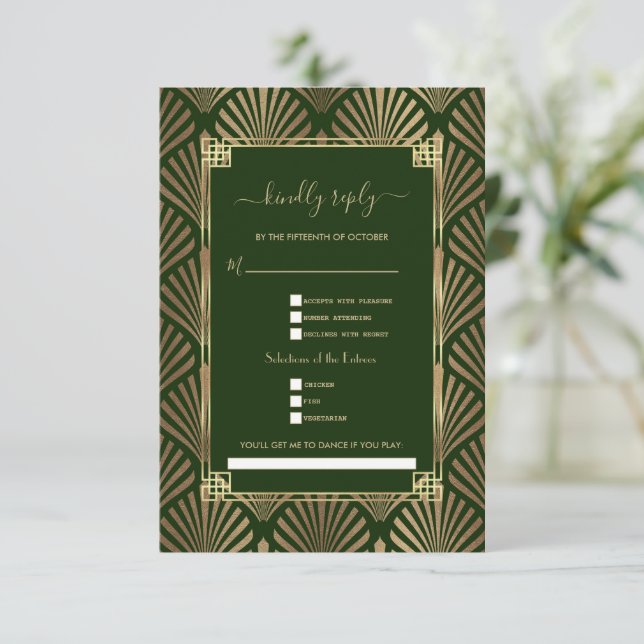 Gold Dark Green Art Deco Song Request Wedding  RSVP Card (Standing Front)