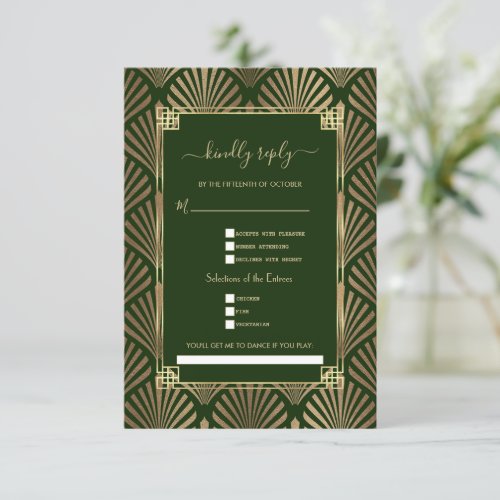 Gold Dark Green Art Deco Song Request Wedding  RSVP Card
