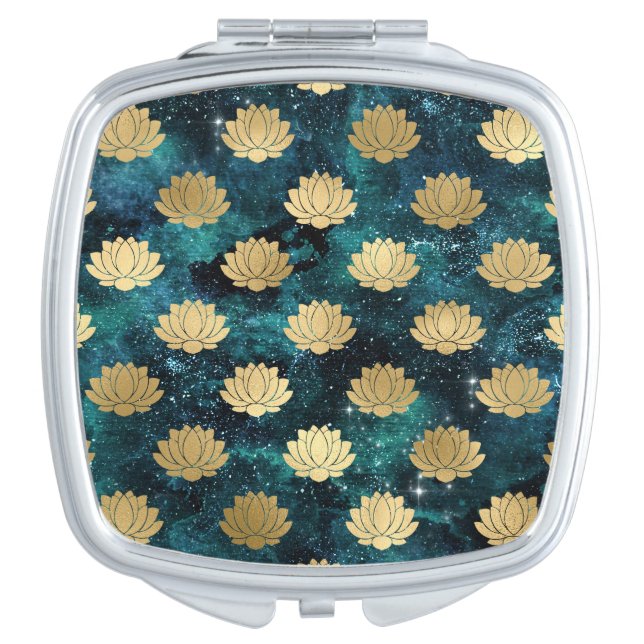 Gold & Dark Green Galaxy Dharma Mandala Pattern Compact Mirror (Front)