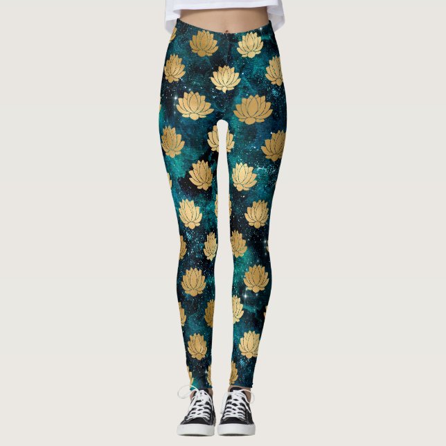 Gold & Dark Green Galaxy Dharma Mandala Pattern Leggings (Front)