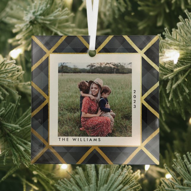 Gold & Dark Green Tartan Merry Christmas Photo Glass Ornament (Insitu)
