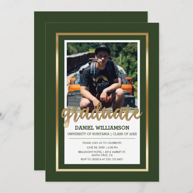 Gold & Dark Green Typography | Photo Graduation Invitation (Front/Back)