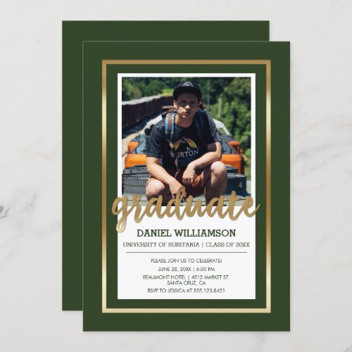 Gold  Dark Green Typography  Photo Graduation Invitation