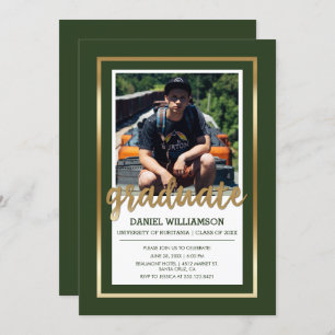 Gold & Dark Green Typography Photo Graduation Invitation
