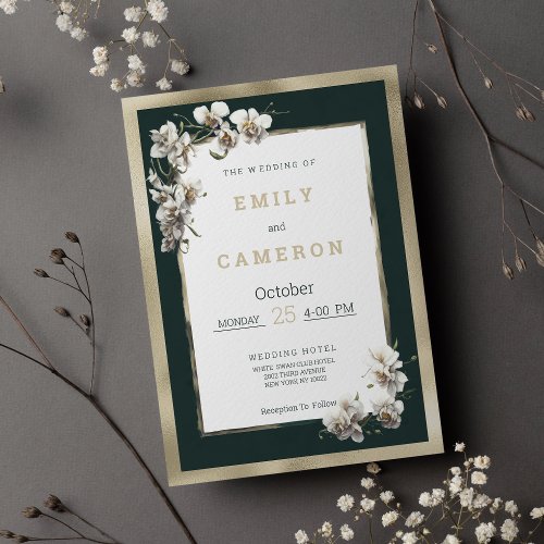 Gold dark green white elegant orchid Wedding  Invitation
