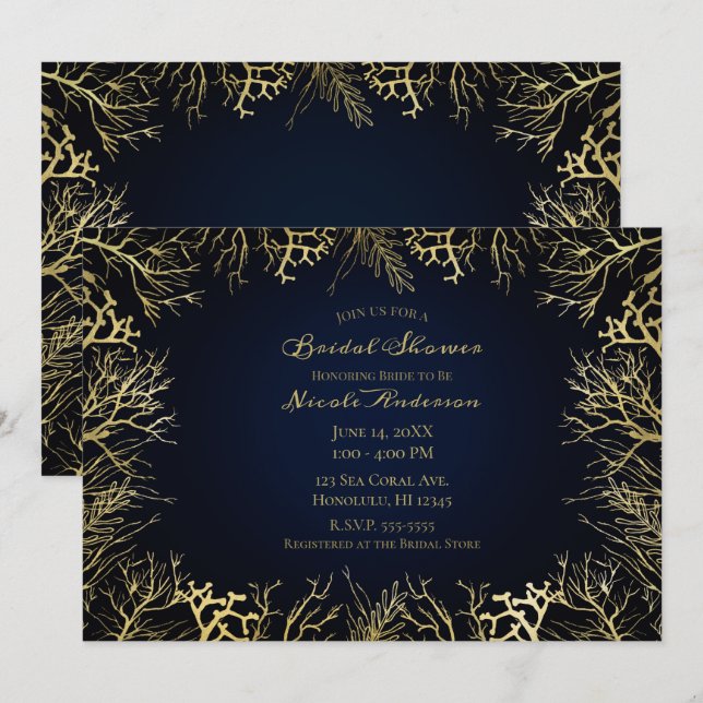 Gold & Dark Navy Blue Elegant Coral Bridal Shower Invitation (Front/Back)