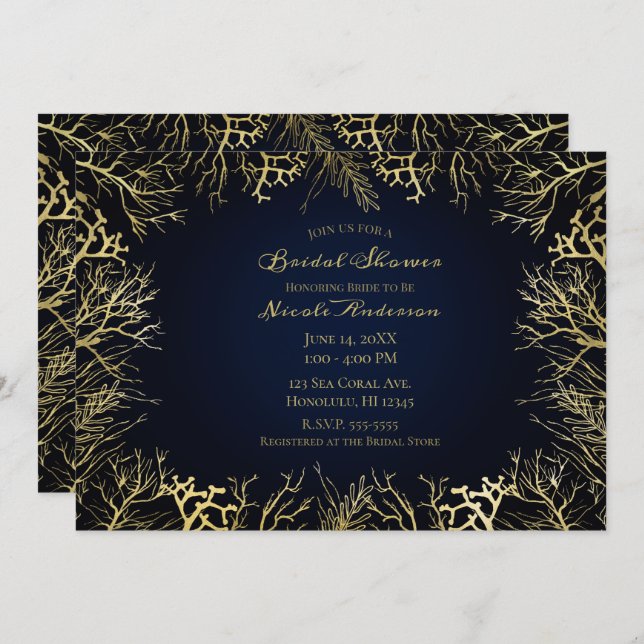 Gold & Dark Navy Blue Elegant Coral Bridal Shower Invitation (Front/Back)