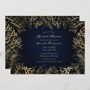 Gold & Dark Navy Blue Elegant Coral Bridal Shower Invitation