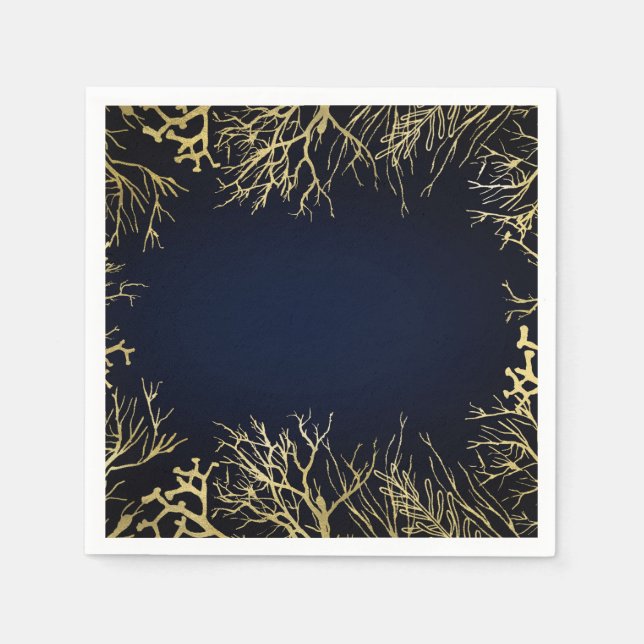 Gold & Dark Navy Blue Elegant Coral Wedding Napkins (Front)
