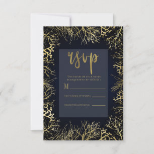 Gold & Dark Navy Blue Elegant Coral Wedding RSVP