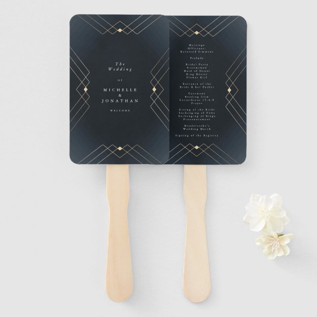 Gold Dark Navy Elegance Diamond Geo Deco Wedding Hand Fan (Front and Back)