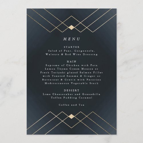 Gold Dark Navy Elegance Diamond Geo Deco Wedding Menu