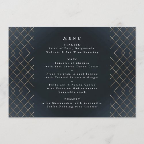 Gold Dark Navy Elegance Diamond Geo Deco Wedding Menu