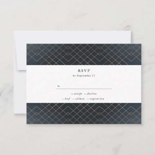 Gold Dark Navy Elegance Diamond Geo Deco Wedding RSVP Card