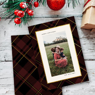 Gold & Dark Red Tartan Merry Christmas Photo Holiday Card