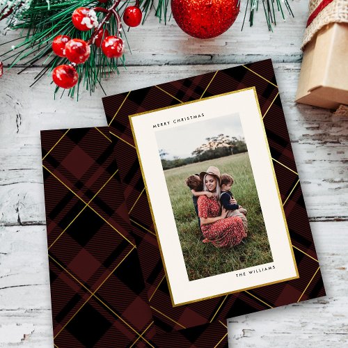 Gold  Dark Red Tartan Merry Christmas Photo Holiday Card