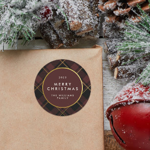 Gold & Dark Red Tartan Plaid Merry Christmas Classic Round Sticker