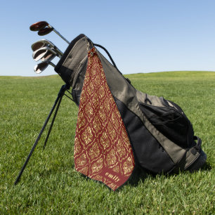 Gold & Dark red Vintage Damask Pattern Monogram Golf Towel