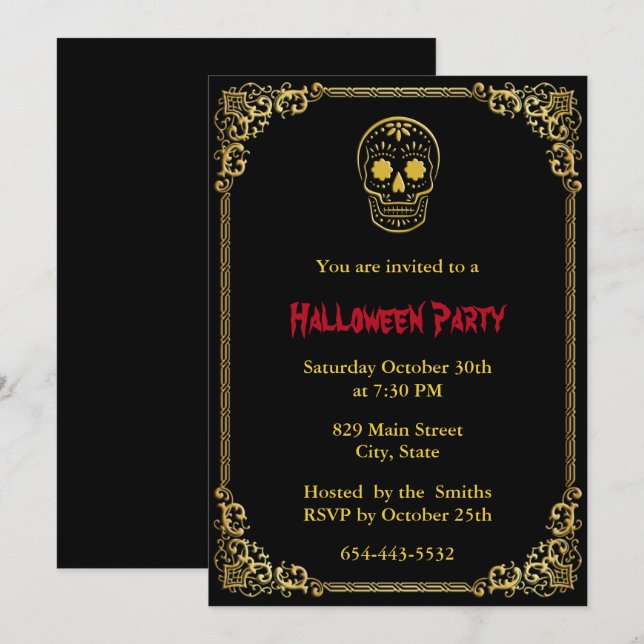 Gold Day Of The Dead Sugar Skull Halloween Invitation (Front/Back)