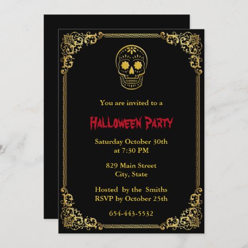 Gold Day Of The Dead Sugar Skull Halloween Invitation