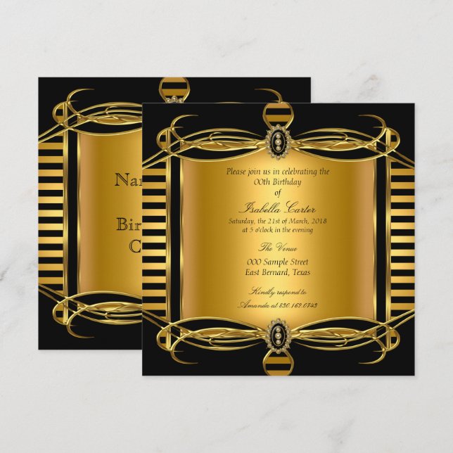 Gold Deco Black Stripe Pearl Birthday Party Invitation (Front/Back)