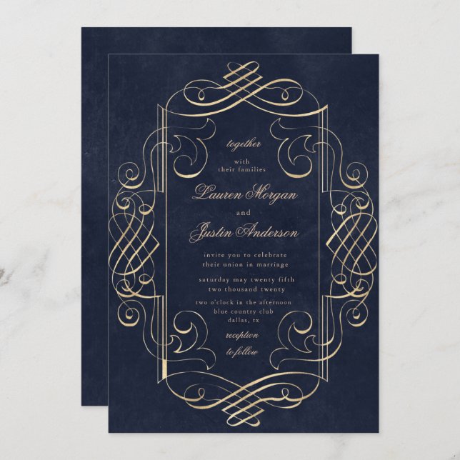 gold deco ornament Wedding Invitation (Front/Back)