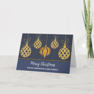 Gold Decorations Grandson & Family Merry Christmas Card