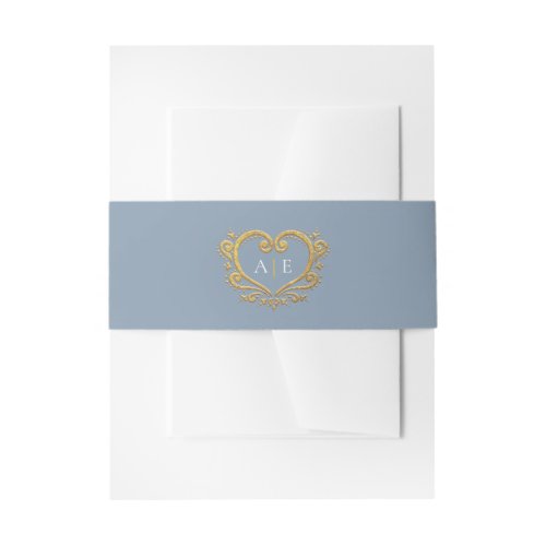 Gold decorative heart monogram blue grey wedding invitation belly band