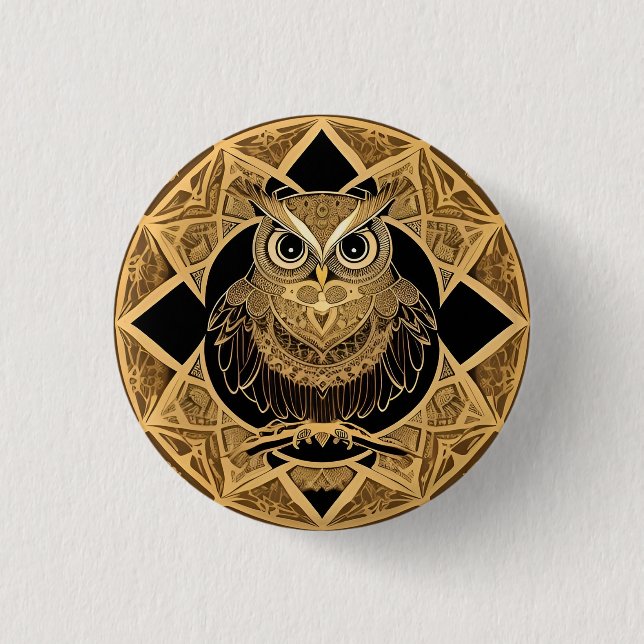Gold Decorative Owl Mandala Design Button (Front)
