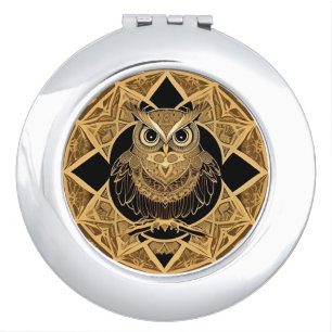 Gold Decorative Owl Mandala Design Compact Mirror