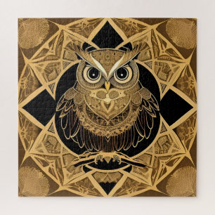 Gold Decorative Owl Mandala Design Jigsaw Puzzle