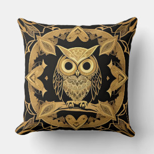 Gold Decorative Owl Mandala Design Throw Pillow