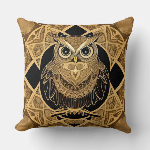 Gold Decorative Owl Mandala Design Throw Pillow