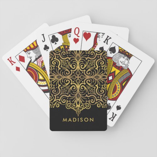 Gold Decorative Royal Ornament On Black Monogram Poker Cards
