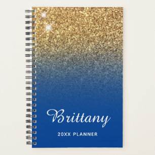 Gold Deep Blue Glitter Ombre Personalized Planner