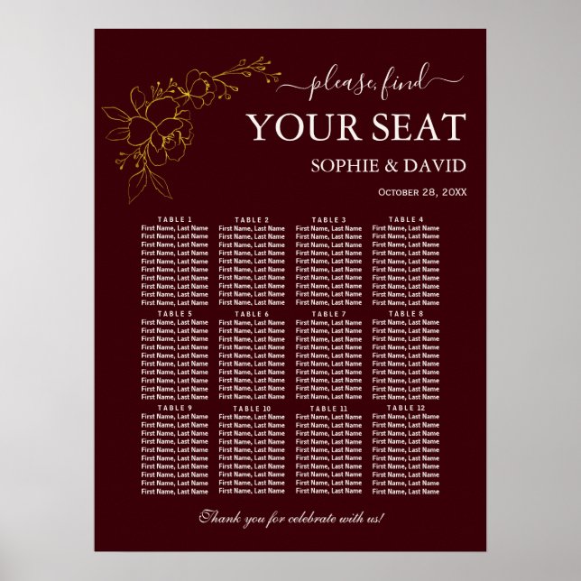 Gold Deep Burgundy 12 Table Seating Chart Wedding (Front)