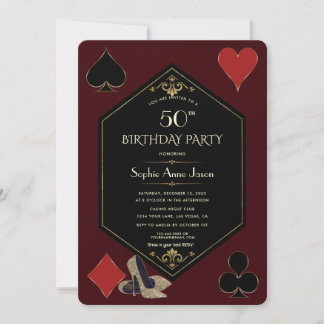 Gold Deep Burgundy Art Deco Gatsby Casino Birthday Invitation