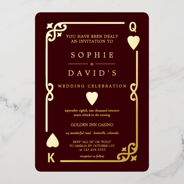 Gold Deep Burgundy Casino Vegas Poker Wedding Foil Invitation (Front)
