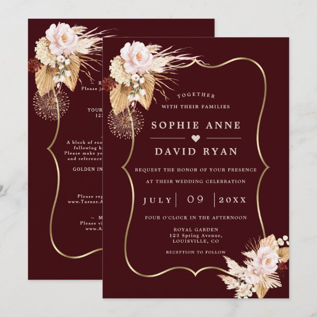 Gold Deep Burgundy Floral Fall All In One Wedding Invitation (Front/Back)