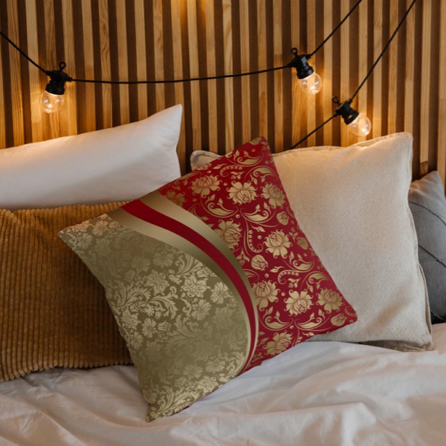 Gold & Deep Red Floral Damask Modern Design Outdoor Pillow (Creator Uploaded)