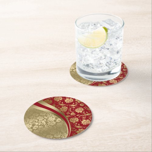 Gold  Deep Red Floral Damask Modern Design Round Paper Coaster