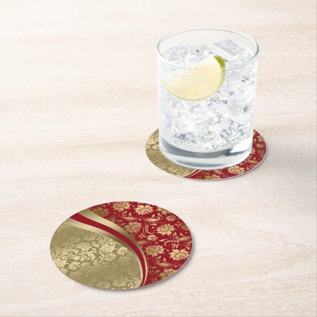 Gold & Deep Red Floral Damask Modern Design Round Paper Coaster (Insitu)