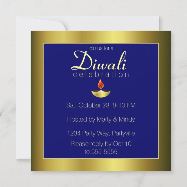 Gold Deepas in Om on Blue Invitation (Front)