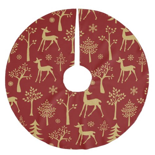 Gold Deer And Trees and Snowflakes Brushed Polyester Tree Skirt