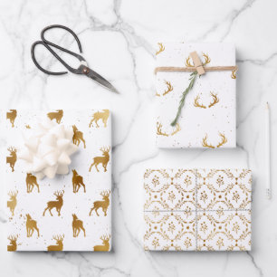 Gold Deer Antler Holiday Wrapping Paper Sheets