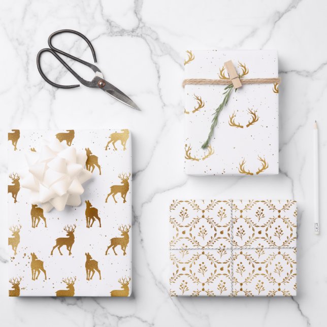 Gold Deer Antler Holiday Wrapping Paper Sheets (Front)